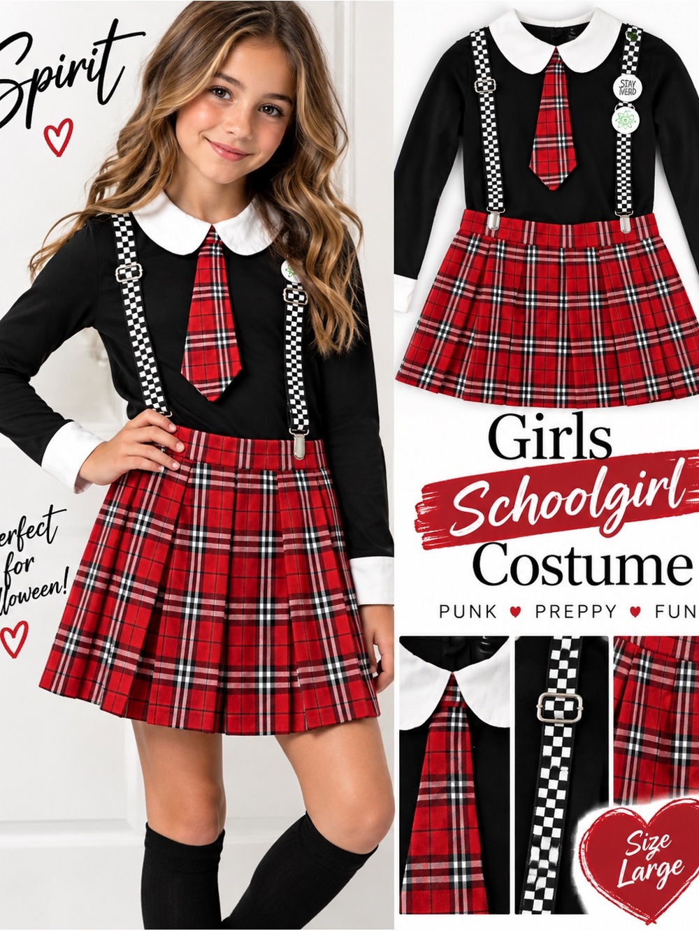 Girls Punk Schoolgirl Halloween Costume Red Plaid Skirt Suspenders Large